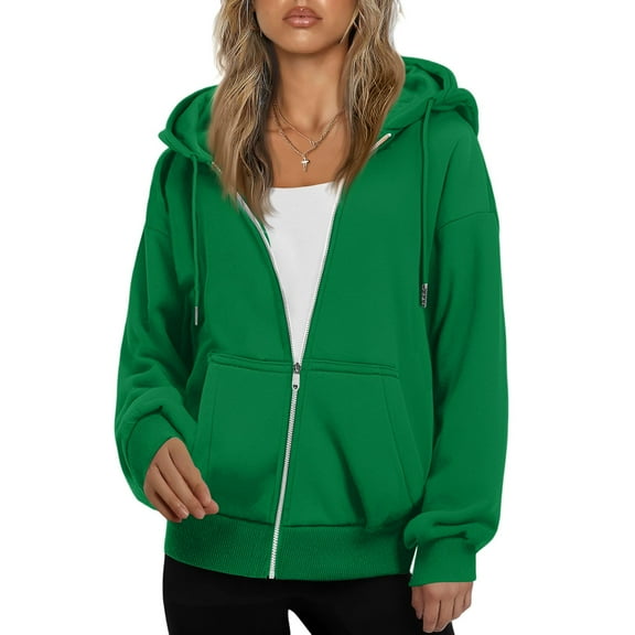 Resicozy Women's Drawstring Zip Up Cute Plain Hoodie Fall Jacket Oversized Casual Fashion Sweatshirts with Pockets Green XL