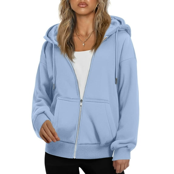 Resicozy Women's Drawstring Zip Up Cute Plain Hoodie Fall Jacket Oversized Casual Fashion Sweatshirts with Pockets Light Blue 2XL