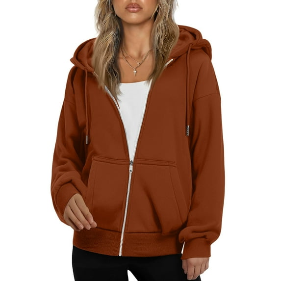 Resicozy Women's Drawstring Zip Up Cute Plain Hoodie Fall Jacket Oversized Casual Fashion Sweatshirts with Pockets Light Brown M