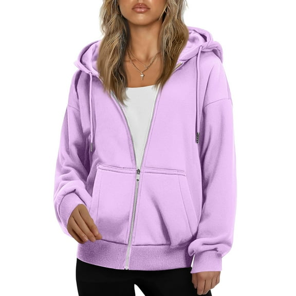 Resicozy Women's Drawstring Zip Up Cute Plain Hoodie Fall Jacket Oversized Casual Fashion Sweatshirts with Pockets Light Purple S