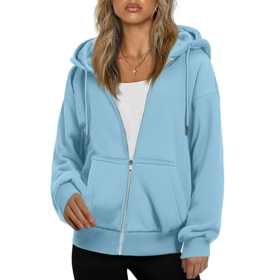 Resicozy Women's Drawstring Zip Up Cute Plain Hoodie Fall Jacket Oversized Casual Fashion Sweatshirts with Pockets Sky Blue L
