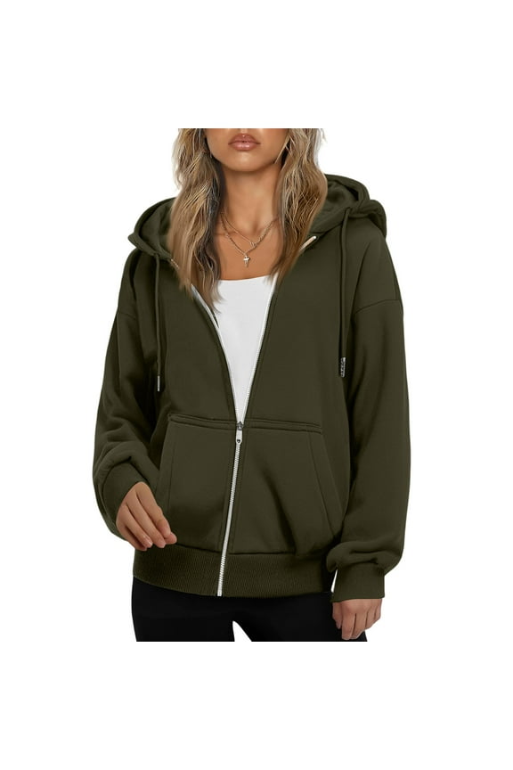 Women's Drawstring Zip Up Cute Plain Hoodies Fall Jacket Oversized Casual Fashion Sweatshirts with Pockets Army Green 2XL