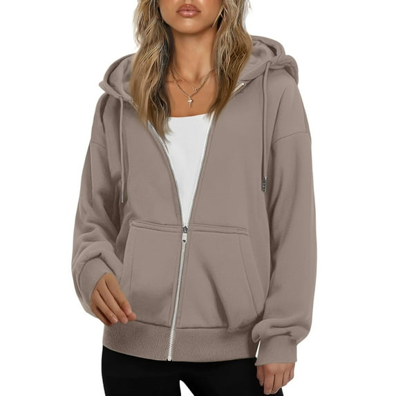 Resicozy Women's Drawstring Zip Up Cute Plain Hoodies Fall Jacket Oversized Casual Fashion Sweatshirts with Pockets Light Brown 2XL