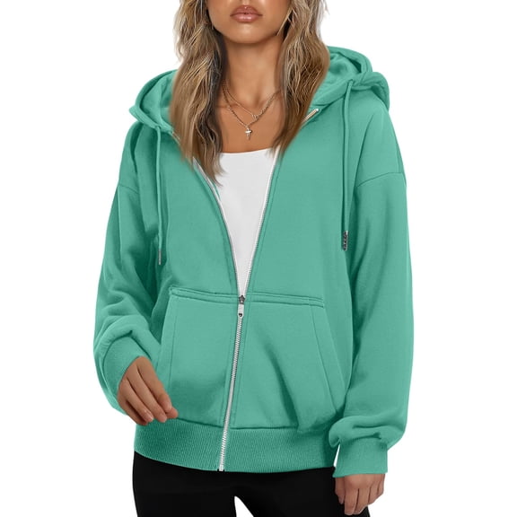 Resicozy Women's Drawstring Zip Up Cute Plain Hoodies Fall Jacket Oversized Casual Fashion Sweatshirts with Pockets Mint Green L