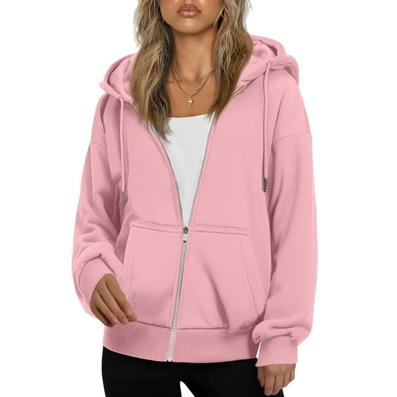 Resicozy Women's Drawstring Zip Up Cute Plain Hoodies Fall Jacket Oversized Casual Fashion Sweatshirts with Pockets Pink L