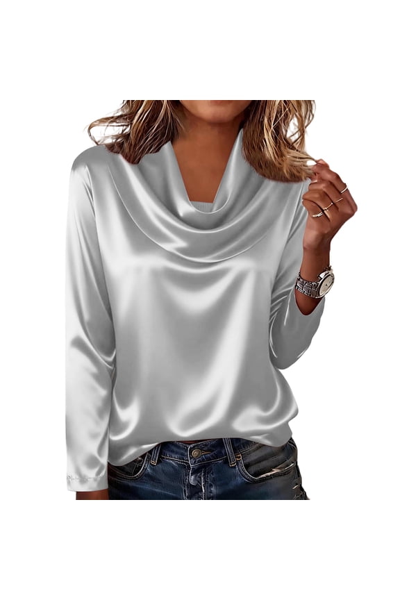 Women's Elegant Cowl Neck Satin Blouse Long Sleeve Office Work Shirt Casual Solid Color Top Silver S