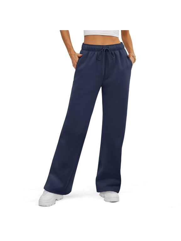 Women's High Waisted Straight Leg Sweatpant Comfy Drawstring Workout Solid Sweat Pants with Pocket Fashion Casual Pant Navy L