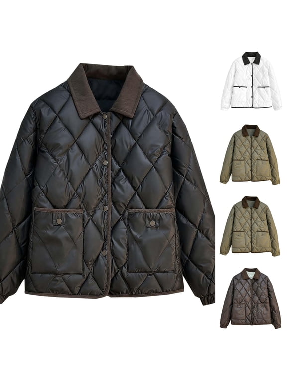 Women's Jacket Color Block Lapel Button Down Elastic Cuffs Pockets Elegant Quilted Lightweight Coat Black M