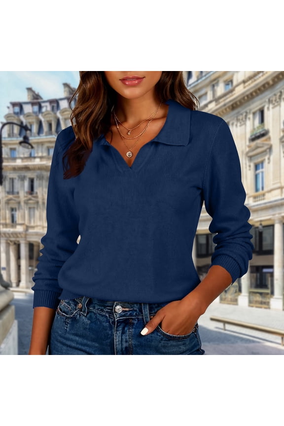 Women's Knitted Collared Sweaters Long Sleeve V-Neck Polo Shirts Winter Casual Fashion Solid Color Pullover Tops Blue XL