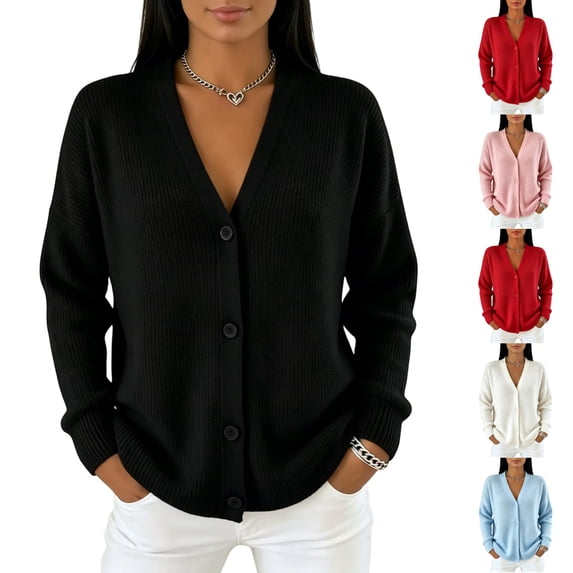 Resicozy Women's Long Sleeve Cardigan Sweaters Button Up V Neck Knit Tops Lightweight Oversized Business Pullover Black XL