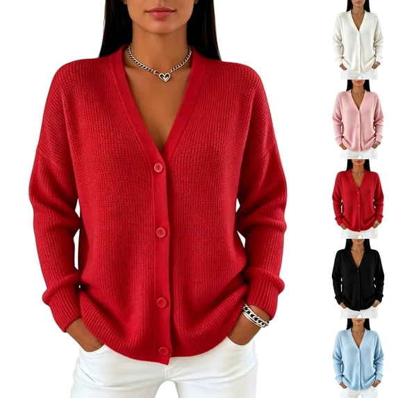 Resicozy Women's Long Sleeve Cardigan Sweaters Button Up V Neck Knit Tops Lightweight Oversized Business Pullover Red L