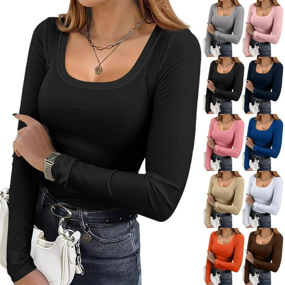 Resicozy Women's Long Sleeve Square Neck Shirts Casual Slim Fit Rib Solid Tops Summer Fall Basic Business Work Tee Light Gray XL