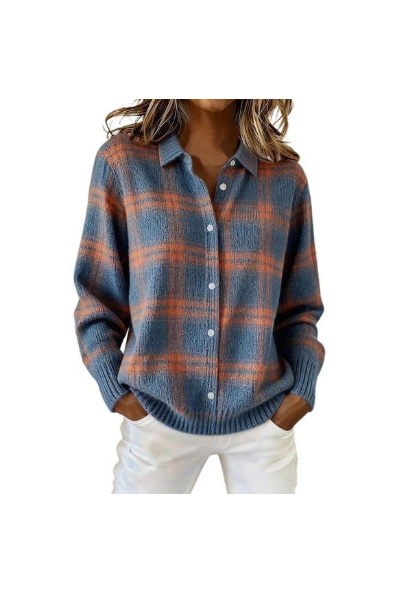 Women's Plaid Print Casual Button Down Cardigan Sweater Fashion Knitted Cropped Cardigan Sweaters Orange XL