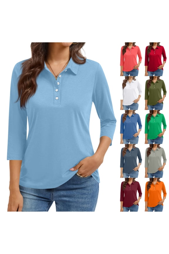 Women's Polo Shirt 3/4 Sleeve Tops Collared Button Down Solid Color 2026 Tee Casual Work T Shirts Red 2XL