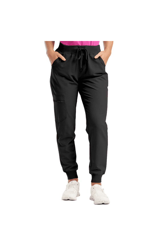 Women's Scrub Jogger Pants Contemporary fit Drawstring waistband Jogger With 5 Pockets Lightweight Legging Black M