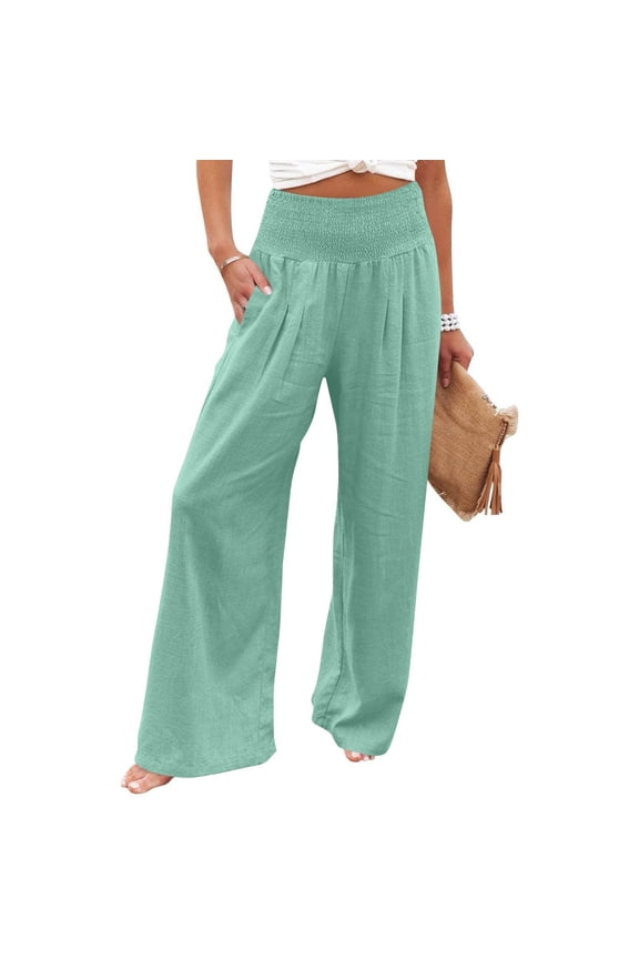 Women's Smocked High Waisted Cotton Linen Wide Leg Pants Spring Summer Palazzo Pant with Pocket 2026 Mint Green XL