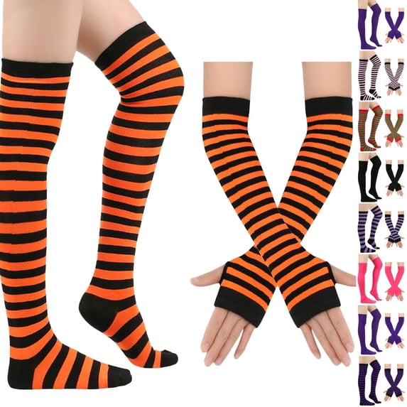 Resicozy Women's Striped Knee High Socks, Over Knee Thigh High Socks, Arm Warmer and Fingerless Gloves Set Brown-Black