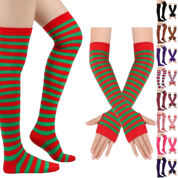 Resicozy Women's Striped Knee High Socks, Over Knee Thigh High Socks, Arm Warmer and Fingerless Gloves Set Red-Black