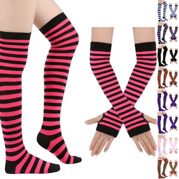 Resicozy Women's Striped Knee High Socks, Over Knee Thigh High Socks, Arm Warmer and Fingerless Gloves Set Red-Pink