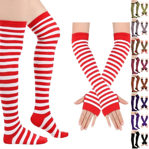 Resicozy Women's Striped Knee High Socks, Over Knee Thigh High Socks, Arm Warmer and Fingerless Gloves Set Red-White
