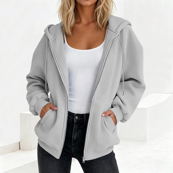 Resicozy Women's Sweatshirt with Hood Oversized Zip Up Hoodie Long Sleeve Sweatshirt with Pockets Lightweight Summer Jacket Gray 2XL
