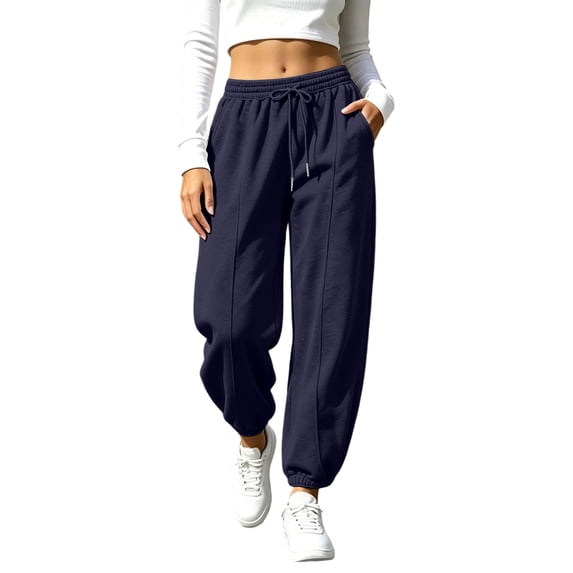 Resicozy Women's Tapered Joggers with Pockets High Waist Elastic Drawstring Sweatpants Ribbed Ankle Cuffs Casual Pants Dark Blue L