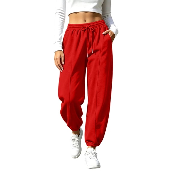 Resicozy Women's Tapered Joggers with Pockets High Waist Elastic Drawstring Sweatpants Ribbed Ankle Cuffs Casual Pants Red 2XL