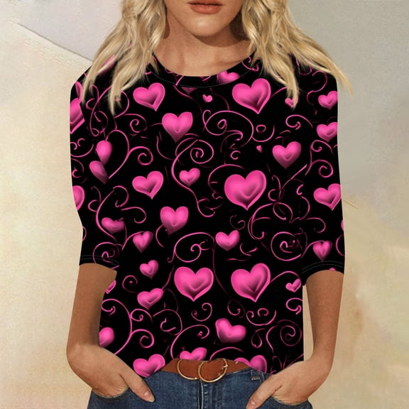 Resicozy Women's Valentine 3/4 Length Sleeve Round Neck Shirt Funny Love Heart Graphic Tee Casual Trendy Top Blouse Black XL