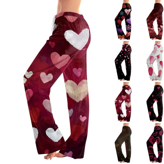 Resicozy Women's Valentine Pajama Pants Casual Long Pajama Lounge Pants Drawstring Sleepwear Heart Print Design Pink 3XL