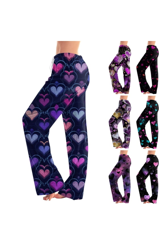 Women's Valentine Pajama Pants Casual Long Pajama Lounge Pants Drawstring Sleepwear Heart Printed Design Dark Purple M
