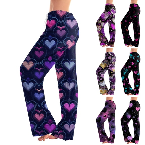 Resicozy Women's Valentine Pajama Pants Casual Long Pajama Lounge Pants Drawstring Sleepwear Heart Printed Design Pink L