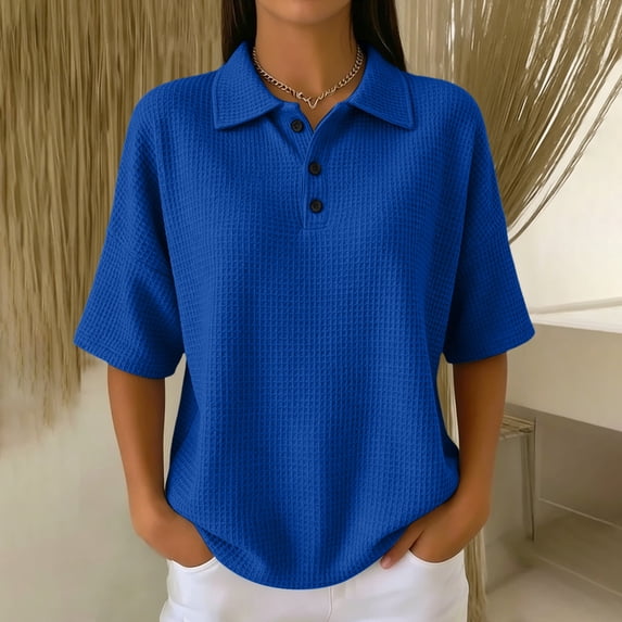 Resicozy Women's Waffle Polos Shirts Short Sleeve T-Shirt Summer Casual Tennis Work Athletic Tops Blue M