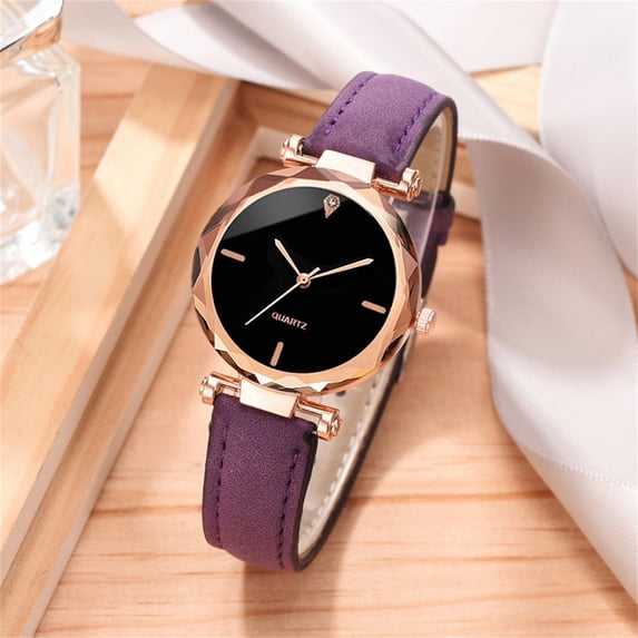 Resicozy Women’s Watches Bracelet Elegant Leather Strap Watch Fashion Round Dial Watch Quartz Wristwatches Purple