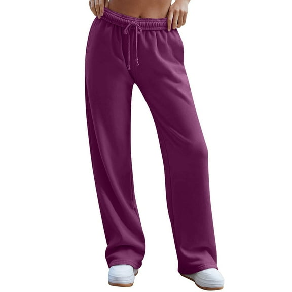 Resicozy Women's Wide Leg Sweatpants Winter Warm Thermal Straight Leg Drawstring Elastic Sweat Pants with Pockets Dark Purple L