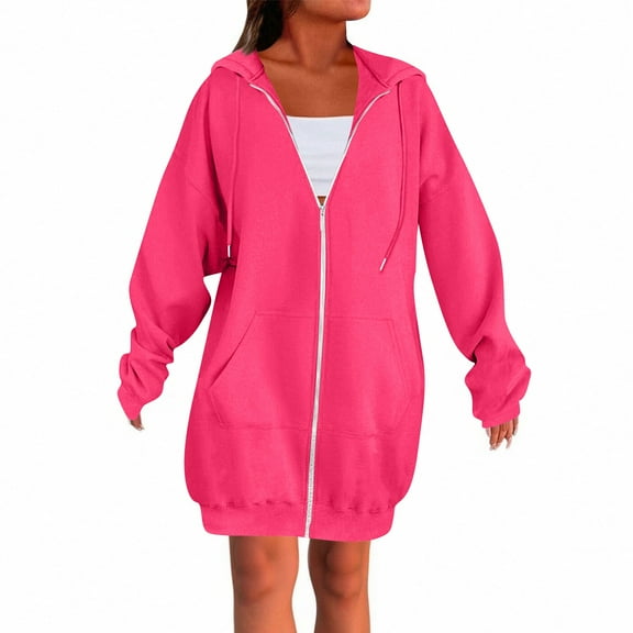 Resicozy Women's Zip Up Hoodies Oversized Solid Color Long Tunic Sweatshirts Casual Fall Jacket Coat with Pocket Hot Pink 2XL