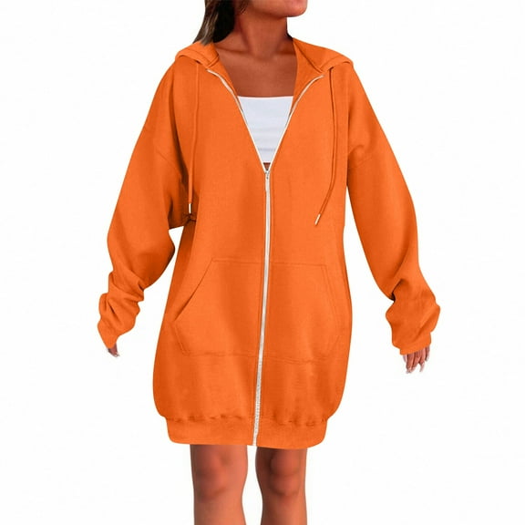 Resicozy Women's Zip Up Hoodies Oversized Solid Color Long Tunic Sweatshirts Casual Fall Jacket Coat with Pocket Orange 2XL