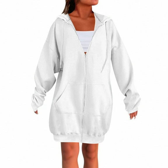 Resicozy Women's Zip Up Hoodies Oversized Solid Color Long Tunic Sweatshirts Casual Fall Jacket Coat with Pocket White XL