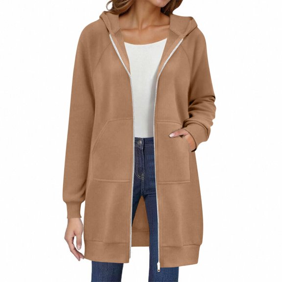 Resicozy Women's Zip Up Hoodies Oversized Solid Color Long Tunic Sweatshirts Casual Fall Jacket Coat with Pockets Khaki 2XL