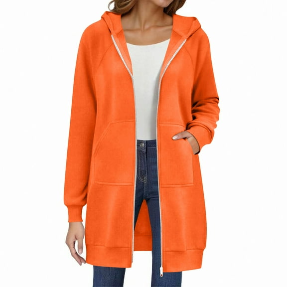 Resicozy Women's Zip Up Hoodies Oversized Solid Color Long Tunic Sweatshirts Casual Fall Jacket Coat with Pockets Orange XL