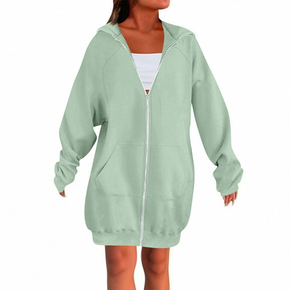Resicozy Women's Zip Up Hoodies Plus Size Long Tunic Sweatshirt Casual Fashion Fall Jacket Coat with Pockets Mint Green L