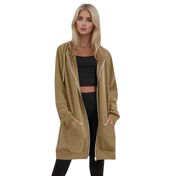 Resicozy Women's Zip Up Hoodies Plus Size Long Tunic Sweatshirts Casual Fashion Fall Jacket Coat with Pockets Khaki 2XL