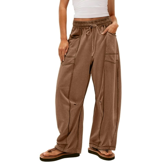 Resicozy Womens Baggy Wide Leg Pants Casual Fall Trousers Fashion Pants Drawstring Waist Barrel Sweatpants with Pockets Coffee L