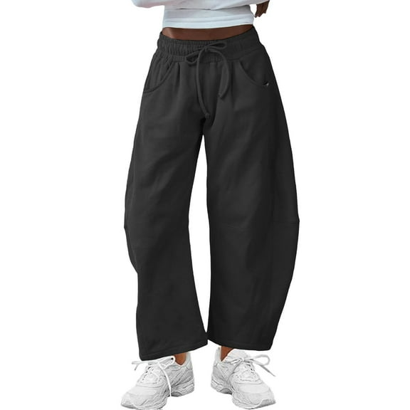 Resicozy Womens Barrel Sweatpants 2025 Baggy Wide Leg Solid Color Pants Casual Elastic Waisted Drawstring Sweat Pants with Pockets Black L