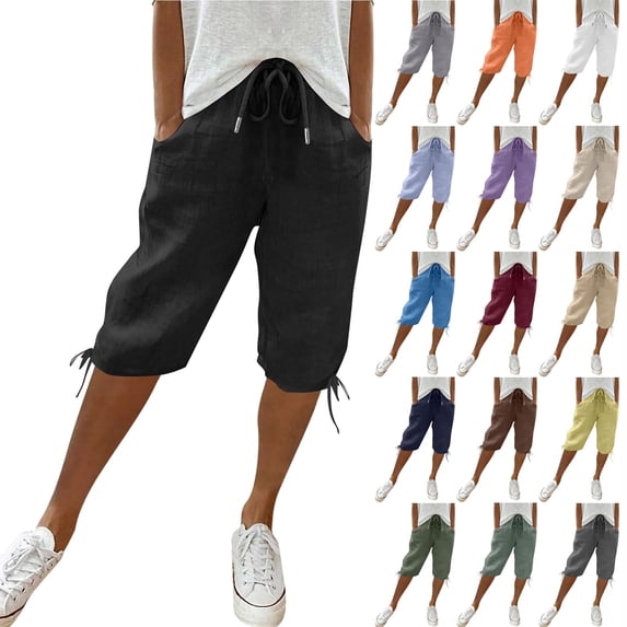 Resicozy Womens Bermuda Shorts Knee Length Elastic Waist Drawstring Linen Lightweight Summer Long Shorts with Pockets Yellow L