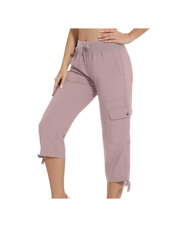 Womens Capri Pants with Pockets Cargo Hiking Pants Lightweight Summer Casual Capris for Outdoor Travel Pink S