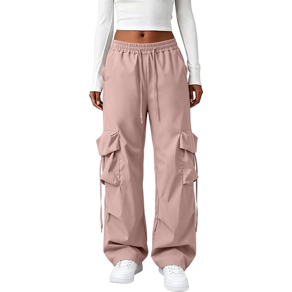 Resicozy Womens Cargo Pants Casual Straight Wide Leg Work Pants Elastic Waisted Lightweight Baggy Hiking Trousers with Pockets Pink 2XL