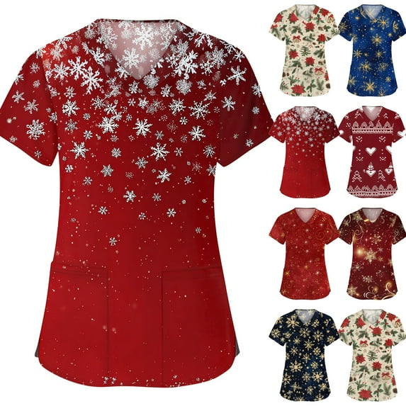 Resicozy Womens Christmas Scrub Tops Funny Print V Neck Short Sleeve Shirts Fashion Stretch Nursing Uniform with Pockets Beige M