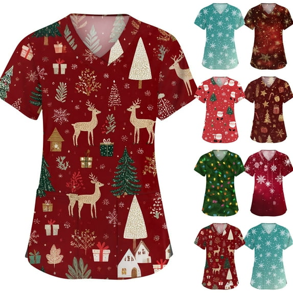 Resicozy Womens Christmas Scrub Tops Funny Print V Neck Short Sleeve Shirts Trendy Stretch Nursing Uniform with Pockets Vermilion 5XL