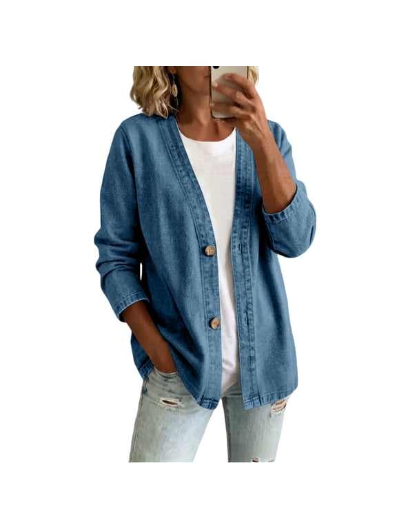Womens Classic Button Front Breathable Stretch Denim Jacket Relaxed Fit Lightweight Casual Long Sleeve Cardigan Coat Blue M