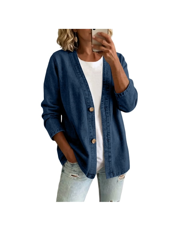 Womens Classic Button Front Breathable Stretch Denim Jacket Relaxed Fit Lightweight Casual Long Sleeve Cardigan Coat Dark Blue 2XL